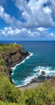 an ocean view with waves crashing on the shore and clouds in the sky above it