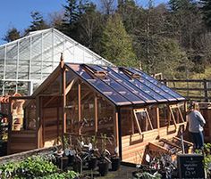 a man standing in front of a greenhouse with lots of plants growing inside it and on the ground