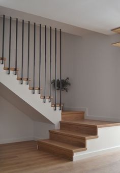 an empty room with some stairs and a potted plant