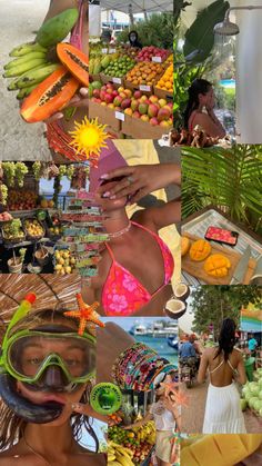 a collage of photos with various fruits and vegetables in the foreground, including bananas, pineapples, oranges, watermelon, strawberries, banana's