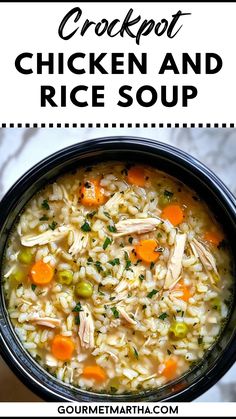 chicken and rice soup in a black bowl with text overlay that reads crockpot chicken and rice soup