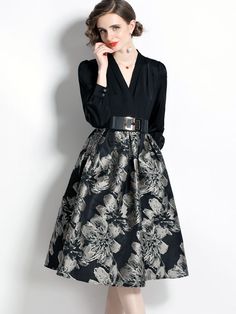 Temperament Fashion Jacquard Casual Dress For Women' Long Sleeves Female Vintage Ladies Elegant High Elegant Jacquard Midi Dress For Spring, Elegant Spring Jacquard Midi Dress, Black Jacquard Dresses For Spring, Long Sleeve Jacquard Evening Dresses, Chic Long Sleeve Jacquard Dress, Elegant Jacquard Midi Dress With Floral Print, Black Jacquard Party Dress, Spring Jacquard Midi Dress With Floral Print, Formal Black Jacquard Dress