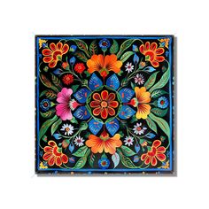 an artisticly designed tile with flowers and leaves on black, red, orange, yellow, blue