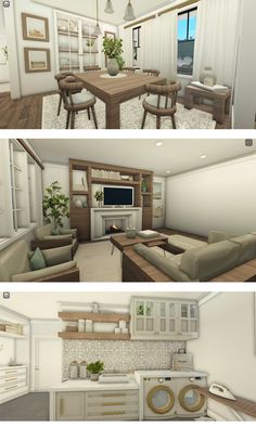 three different views of a living room and kitchen