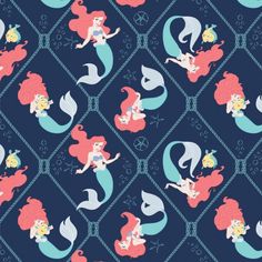 the little mermaids are playing with each other in this blue and pink wallpaper