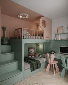 a child's bedroom with bunk bed, desk and chair