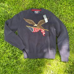 Black Sweater With Bald Eagle Holding American Flag. Size M. Nwt - Retails $86. Reindeer Christmas Sweater, Reindeer Sweater, Nordic Sweater, Rolled Collar, American Living, Blue Bonnets, Collar Sweater, Sweaters Crewneck, Black Sweater