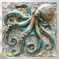 an octopus is painted on the side of a metal wall art piece in blue and white