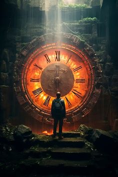 a man standing in front of a giant clock with light coming from it's face