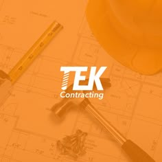 the logo for tek construction is displayed on top of blueprints and tools