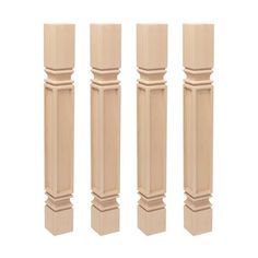 four wooden posts are lined up in the same pattern as one another on a white background