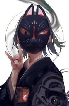 a person with a black cat mask on holding a finger up in front of their face