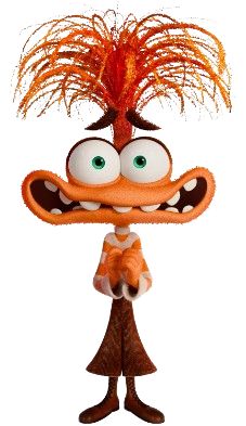 an orange cartoon character with big eyes and a feathery hat on top of his head