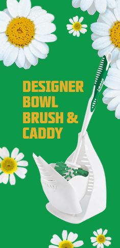 a green background with white daisies and a toothbrush in the middle, surrounded by daisies