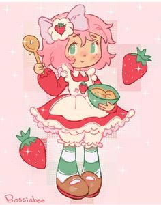 a girl with pink hair holding a bowl of cereal and strawberries in her hand