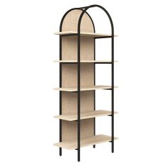 a tall bookcase with four shelves on each side and an arched metal frame around the top