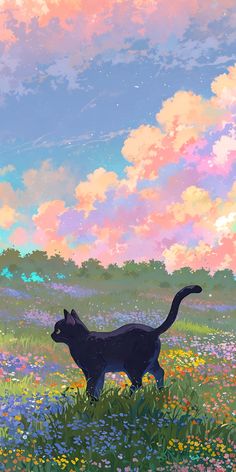 a painting of a black cat standing in a field with flowers and clouds behind it