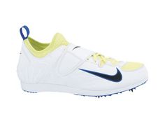 a white shoe with blue and yellow accents