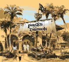 the pirates of the carribean sign is surrounded by palm trees and people walking around