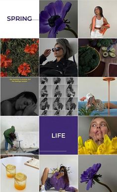 a collage of photos with flowers and people in the background, including an image of a woman