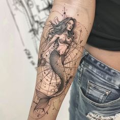 Mermaid Tattoo Design Kit Mermaid Calf Tattoos For Women, Woman’s Arm Tattoos, Ocean Tattoos Sleeve For Women, Siren Mermaid Tattoos, Feelings Tattoo, Under The Sea Tattoo, Walk In Tattoos, Coastal Tattoos, Mermaid Thigh Tattoo