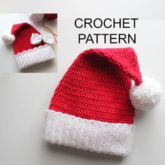 a crochet santa hat with white and red trim