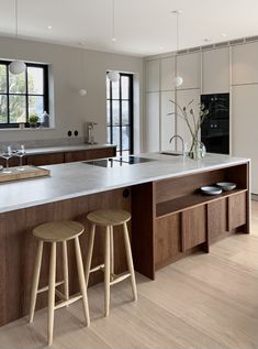 two stools are in front of the kitchen island