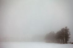 a snow covered field with trees in the distance on a foggy day and no one is seen