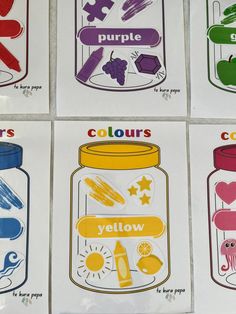 four stickers with different colors and shapes on them