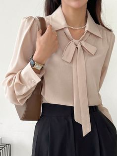 Solid Tie Neck Puff Sleeve Blouse Apricot Elegant  Long Sleeve Fabric Plain Top Non-Stretch  Women Clothing, size features are:Bust: ,Length: ,Sleeve Length: Collar Ideas, Outfit Rosa, Classic Blouse, Women Trousers, Lantern Sleeved Blouses, Blouse Sale, Simple Blouse, Puff Long Sleeves, Tie Neck Blouse