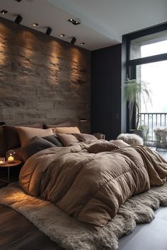 a large bed sitting next to a window in a room with lots of lights on the wall