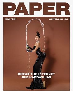 a magazine cover with a woman in black dress holding a wine bottle and streamers