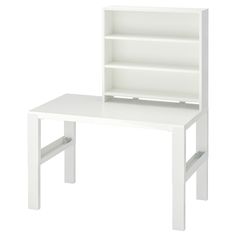 a white desk with an open book shelf on the top and bottom section, in front of a white background