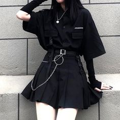 Grunge Outfits Black, Two Piece Set Skirt, Celana Jogger Wanita, Black Pleated Skirt, Top Shirt Women, Tshirt Skirt, Streetwear Women, Shirt Skirt