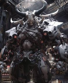 a giant robot that is standing in the middle of a building with horns on it's head