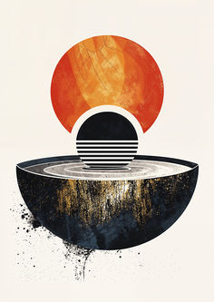 an illustration of a bowl with a sunset in the background