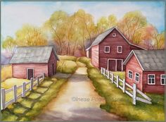 a painting of two red barns on a country road