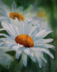 a painting of two white flowers with orange centers