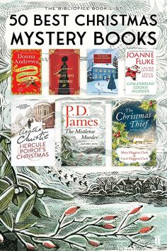 the cover of 50 best christmas mystery books, with an image of trees and snowflakes