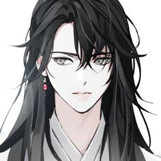 an anime character with long black hair and blue eyes, wearing a white shirt and red earrings