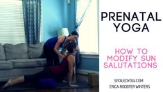 two women doing yoga in front of a couch with the caption how to modify sun salutations