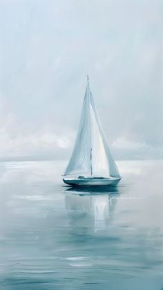 a painting of a sailboat in the ocean on a foggy day with blue sky