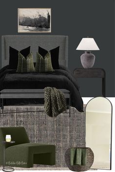 Dark and moody bedroom featuring charcoal, black, and green tones throughout Bedroom Decor Ideas Dark, Adult Male Bedroom Ideas, Grey Green Bedrooms, Grey Headboard Bedroom, Charcoal Bedroom, Masculine Bedroom Decor, Olive Green Bedrooms, Black And Grey Bedroom