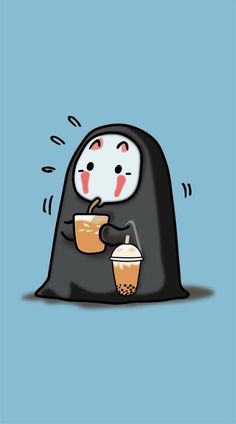 a cartoon character is drinking coffee from a cup and wearing a black outfit with a white face