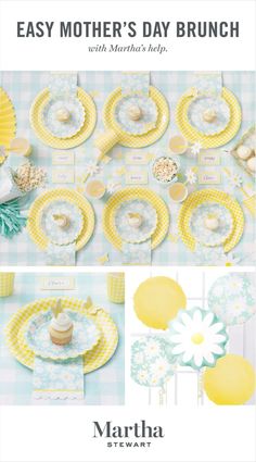 the mother's day brunch is shown with yellow and white plates, cupcake