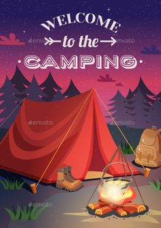 a camping poster with a tent and campfire