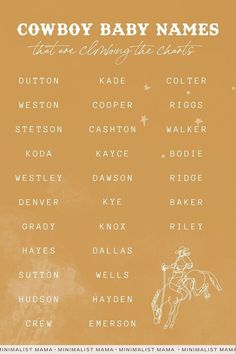 the cowboy baby names are written in white on an orange background