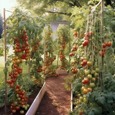 tomatoes are growing on the vine in this garden