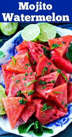 watermelon salad on a plate with limes and cilantro