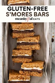 gluten - free s'mores bars in a pan with text overlay